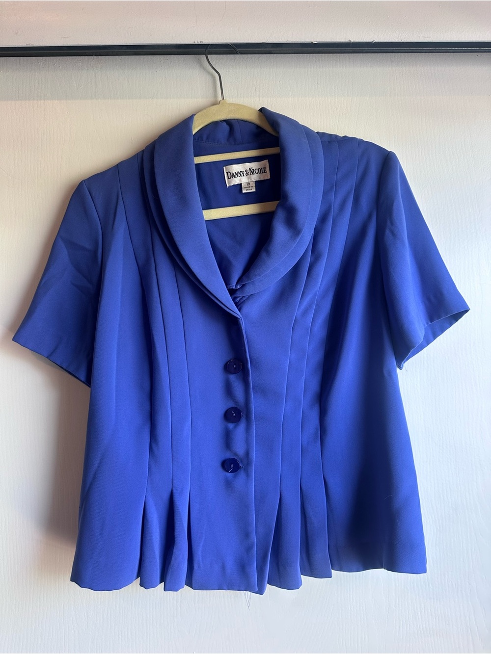 Vintage Danny & Nicole Cobalt Blue Short-Sleeve Pleated Shawl-Collar Blouse